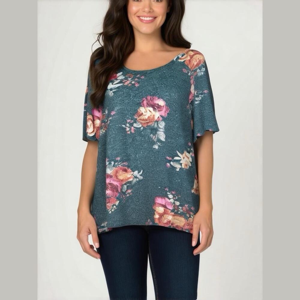 Maurice's 24/7 Plus Scoop Neck Teal Floral Short Sleeve Tunic Blouse Size 1X